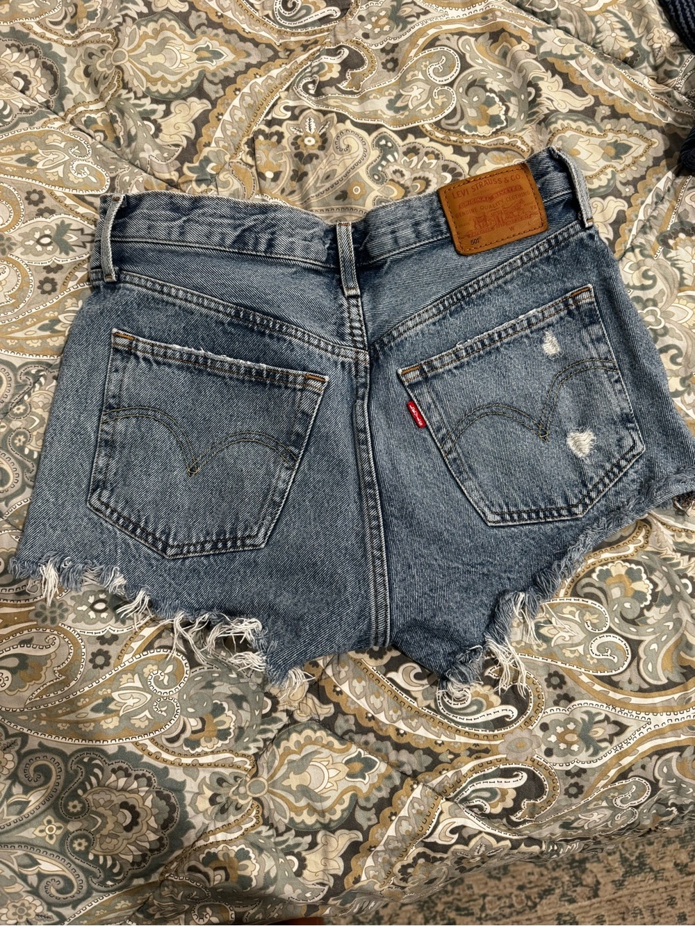 Levi's Distressed High-Rise Cutoff Denim Shorts - Light Blue Wash - Picture 2 of 5